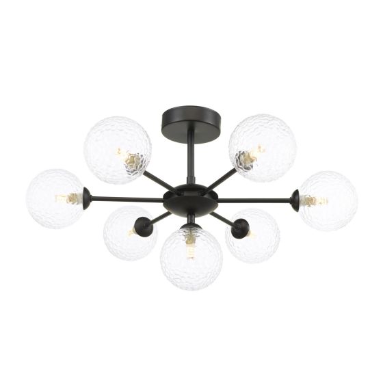 Cohen 7 Light Pendant Matt Black With Clear Hammered Glass
