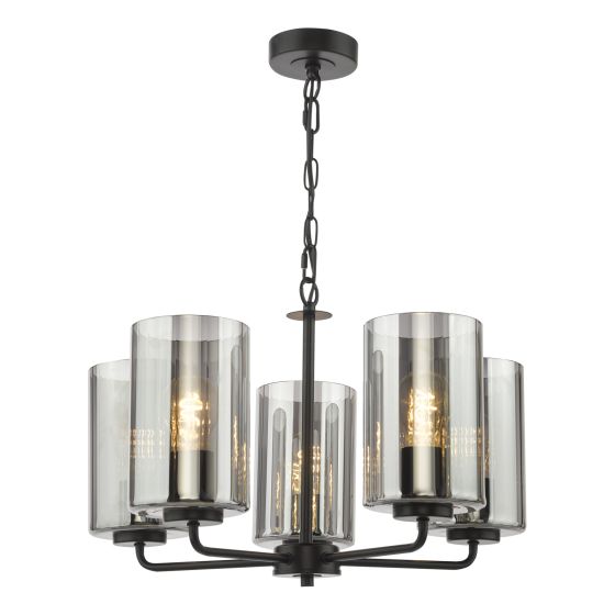 Daylin 5 Light Pendant Satin Black and Smoked Ribbed Glass