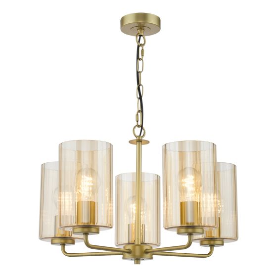 Daylin 5 Light Pendant Satin Gold and Amber Ribbed Glass