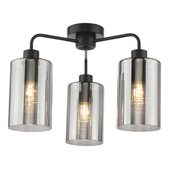 Daylin 3 Light Semi-Flush Satin Black and Smoked Ribbed Glass