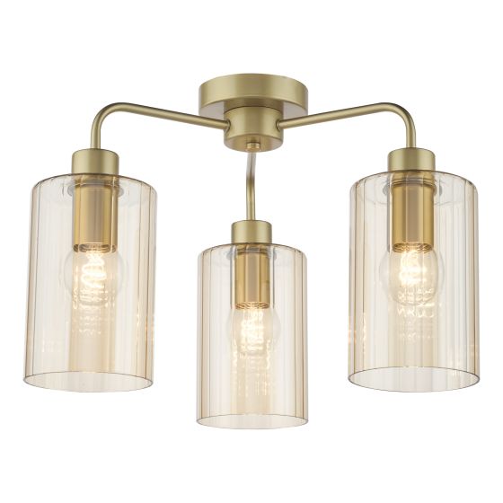 Daylin 3 Light Semi-Flush Satin Gold and Amber Ribbed Glass
