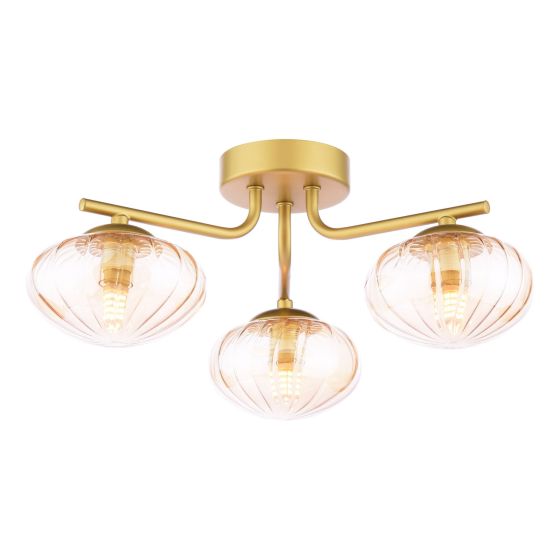 Ede 3 Light Semi-Flush Satin Gold and Amber Glass