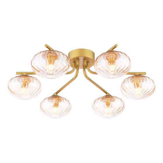 Ede 6 Light Semi-Flush Satin Gold and Amber Glass