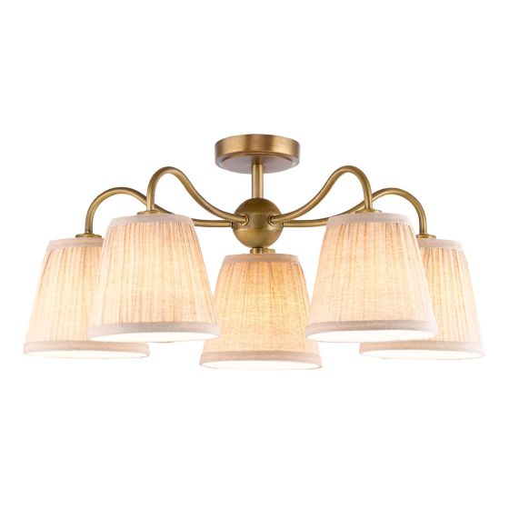 Elara 5 Light Semi-Flush Antique Bronze With Natural Linen Pleated Shades