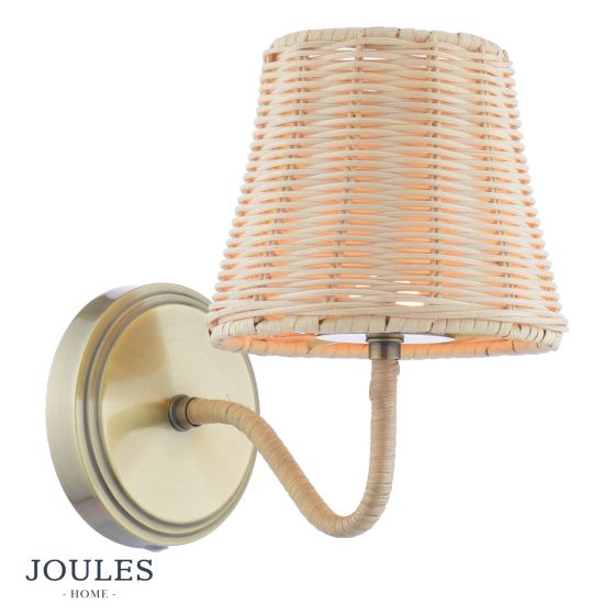 Joules Elcot Rechargeable Wall Light Antique Brass With Rattan Shade LED