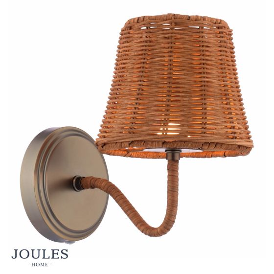 Joules Elcot Rechargeable Wall Light Satin Bronze With Rattan Shade LED