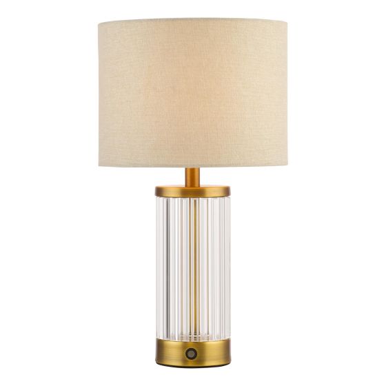 Enrico Rechargeable Table Lamp Antique Bronze and Ribbed Glass With Linen Shade LED