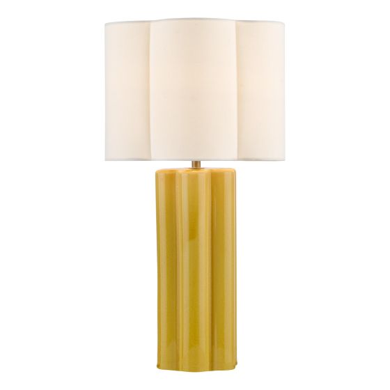 Fiyan Table Lamp Yellow Ceramic and Antique Brass With Scallop LInen Shade