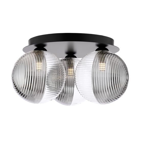 Foley 3 Light Flush Matt Black With Smoked/Clear Ribbed Glass