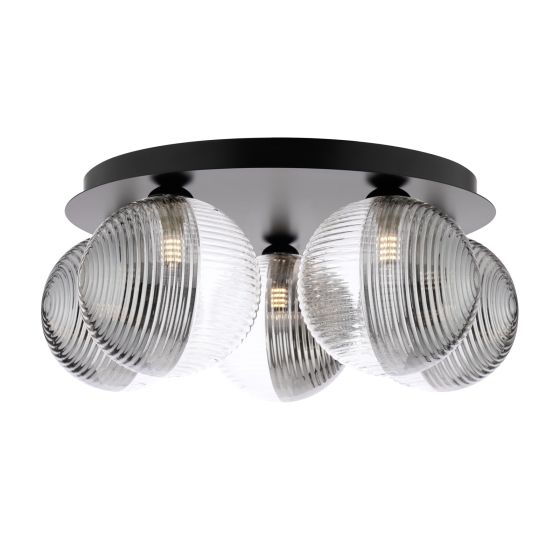 Foley 5 Light Flush Matt Black With Smoked/Clear Ribbed Glass