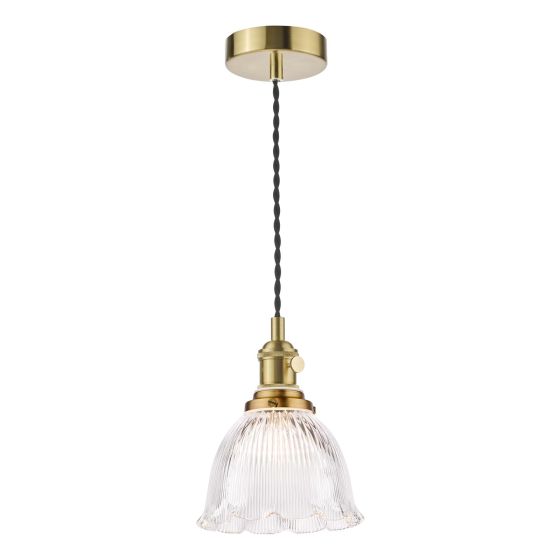Hadano E14 Pendant Natural Brass and Domed Ribbed Glass Shade