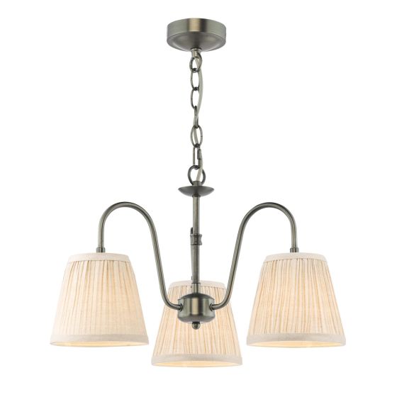 Hadano 3 Light Pendant Antique Chrome With Natural Linen Pleated Shades
