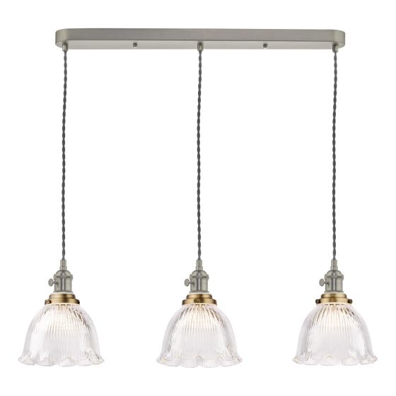 Hadano 3 Light Bar Pendant Antique Chrome with Domed Ribbed Glass Shades