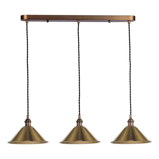 Hadano 3 Light Bar Pendant Antique Bronze with Aged Brass Metal Shades 18cm