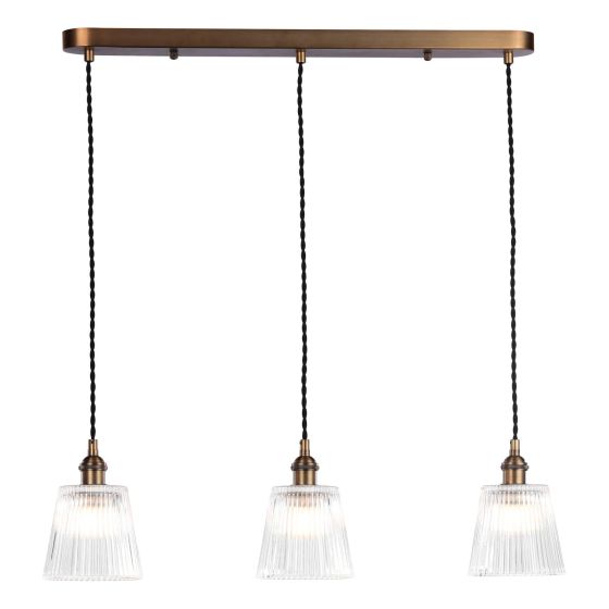 Hadano 3 Light Bar Pendant Antique Bronze with Clear Ribbed Glass Shades