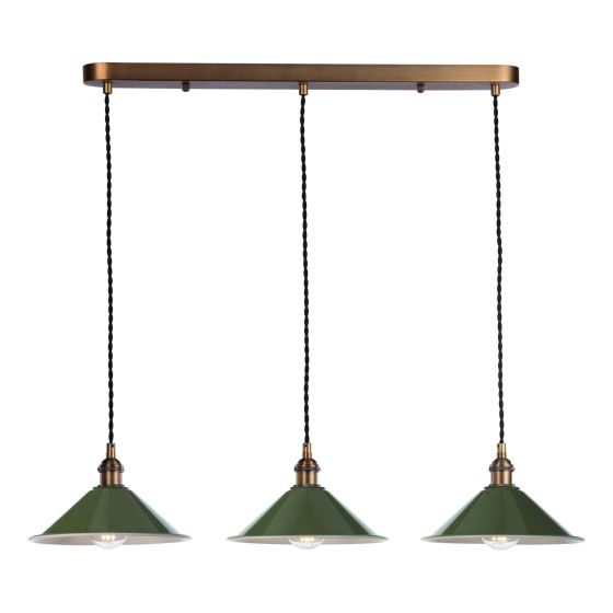 Hadano 3 Light Bar Pendant Antique Bronze with Gloss Green Metal Shades 18cm