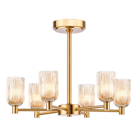 Hilaria 6 Light Semi-Flush Antique Gold and Amber Ribbed Glass
