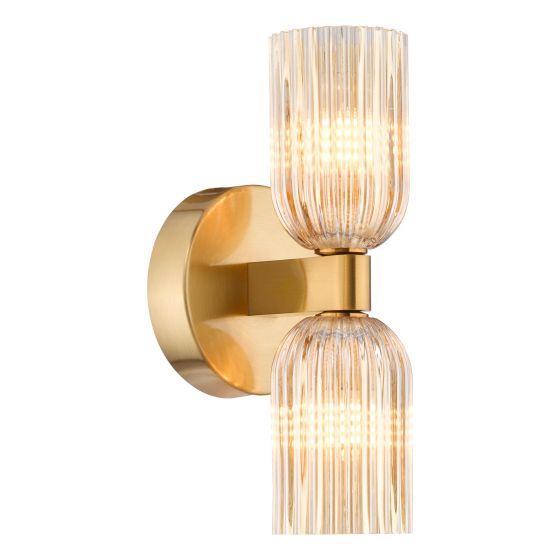 Hilaria 2 Light Bathroom Wall Light Antique Gold and Amber Ribbed Glass IP44