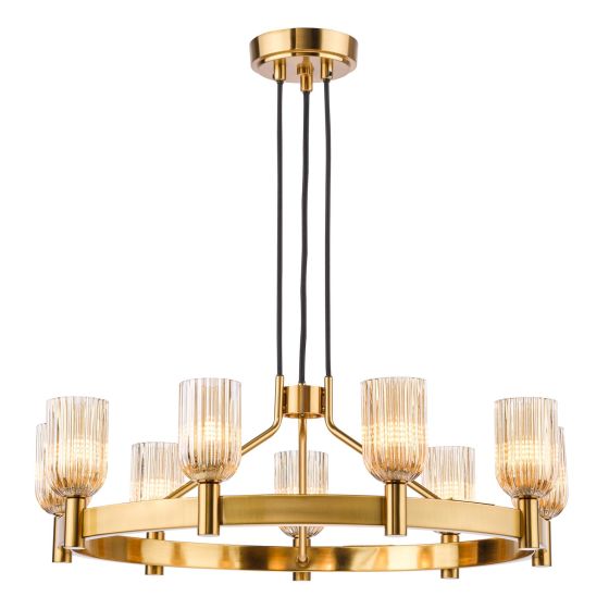 Hilaria 9 Light Pendant Antique Gold and Amber Ribbed Glass
