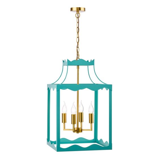 Jinele 4 Light Lantern Satin Eau De Nil Blue and Natural Brass