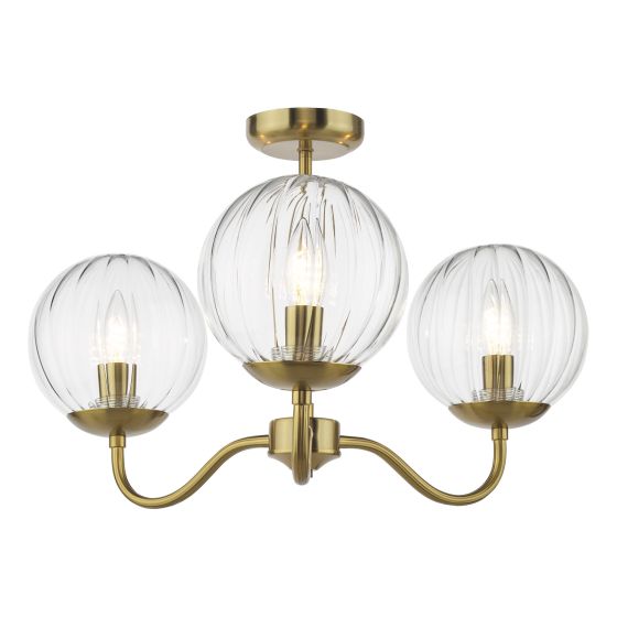 Jocelyn 3 Light Semi-Flush Natural Brass and Glass