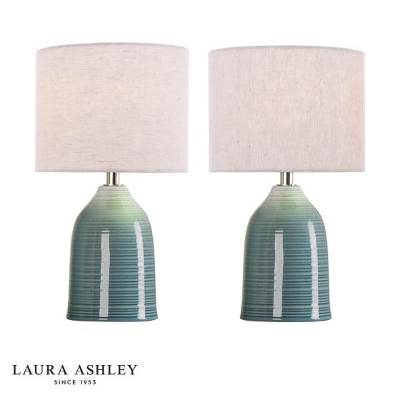 Laura Ashley Penny Twin Pack Table Lamp Blue Ceramic and Polished Chrome With Shade