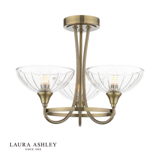 Laura Ashley Wellham 3 Light Semi-Flush Antique Brass and Ribbed Glass