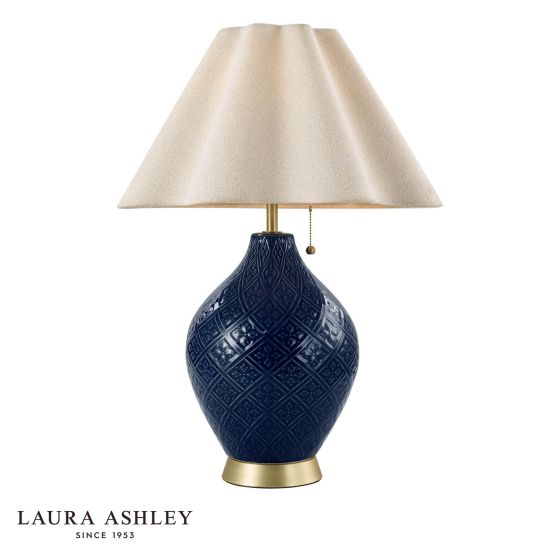Laura Ashley Mr Jones Table Lamp Blue Ceramic and Matt Antique Brass With Shade