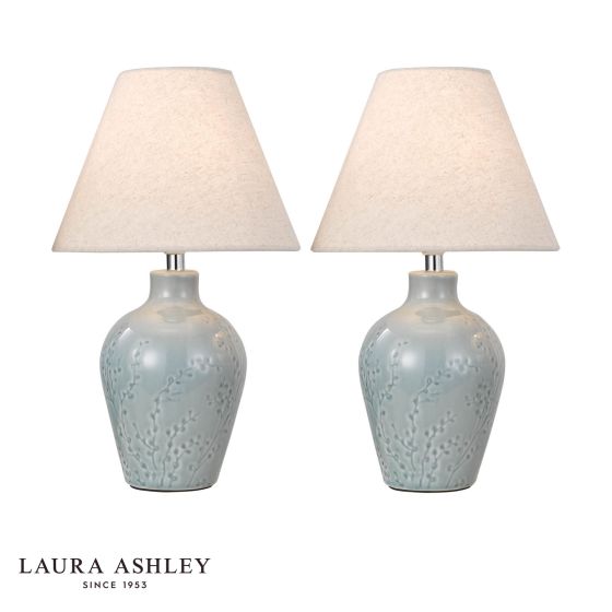 Laura Ashley Pussywillow Twin Pack Table Lamp Blue Ceramic and Polished Chrome With Shade