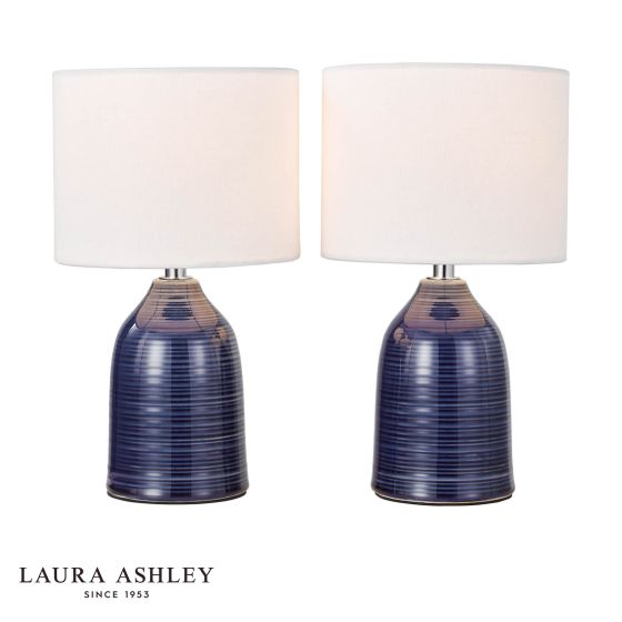 Laura Ashley Penny Twin Pack Table Lamp Blue Ceramic and Polished Chrome With Shade