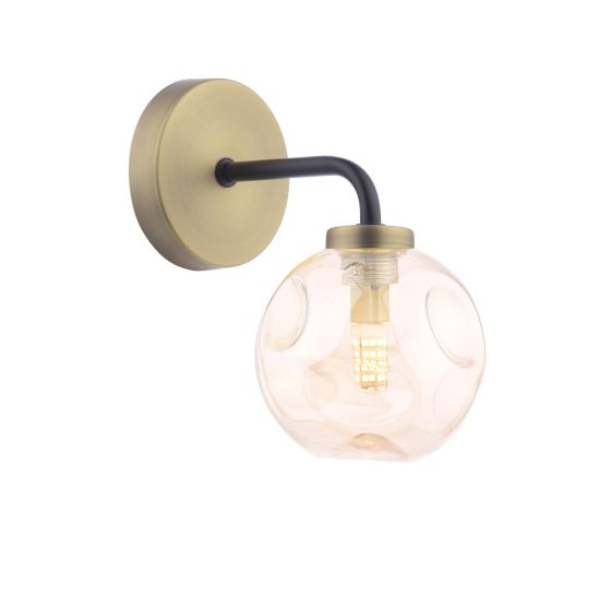 Lainey Wall Light Matt Black and Antique Brass With Closed Organic Amber Glass