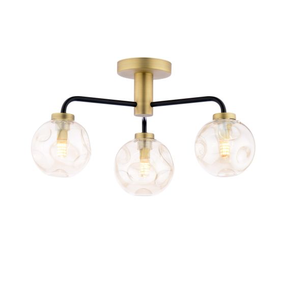 Lainey 3 Light Semi-Flush Matt Black and Antique Brass With Closed Organic Amber Glass