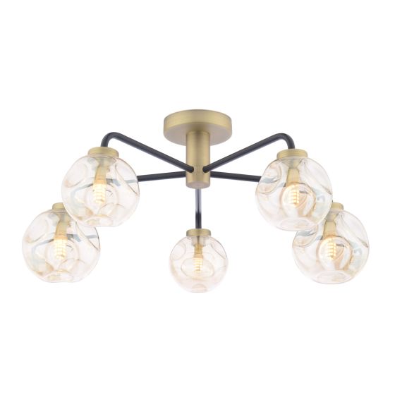 Lainey 5 Light Semi-Flush Matt Black and Antique Brass With Closed Organic Amber Glass