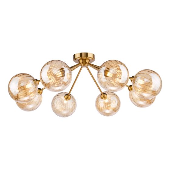 Liora 8 Light Semi-Flush Antique Gold and Amber Ribbed Glass