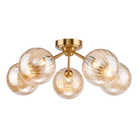 Liora 5 Light Semi-Flush Antique Gold and Amber Ribbed Glass