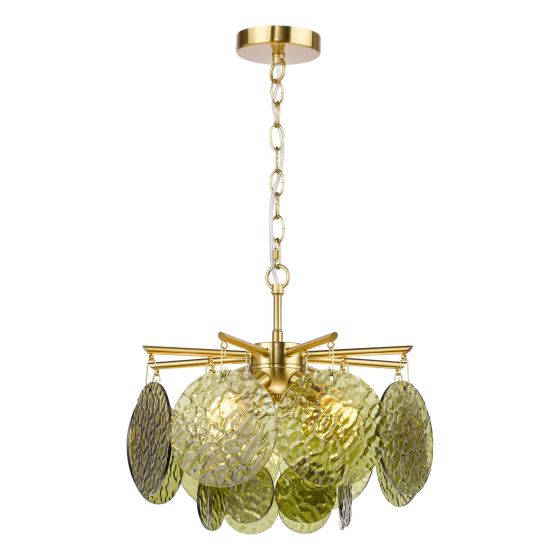 Lumira 4 Light Pendant Natural Brass and Green Glass