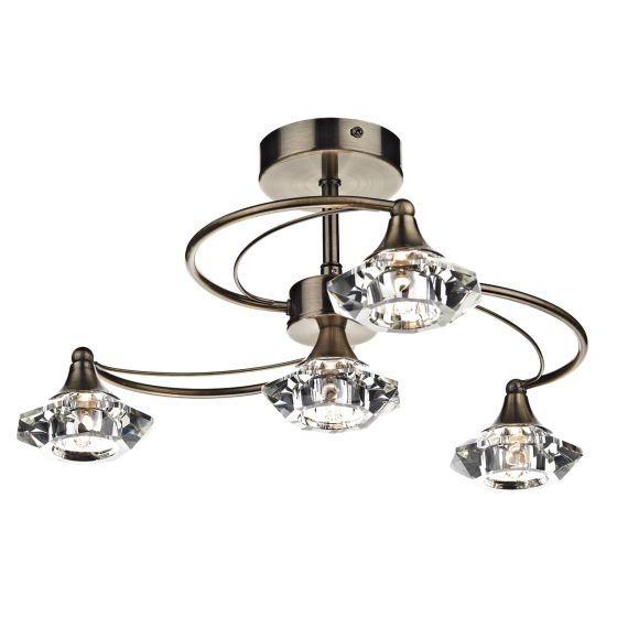 Luther 4 Light Semi-Flush Antique Brass and Crystal