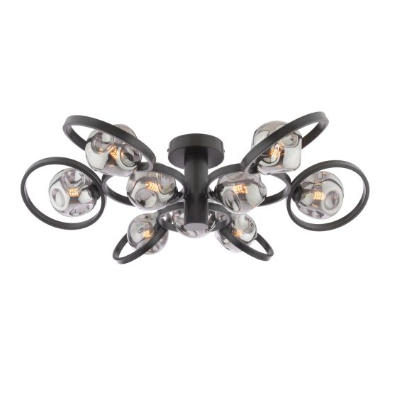 Lynette 9 Light Semi-Flush Satin Black With Closed Organic Smoked Glass
