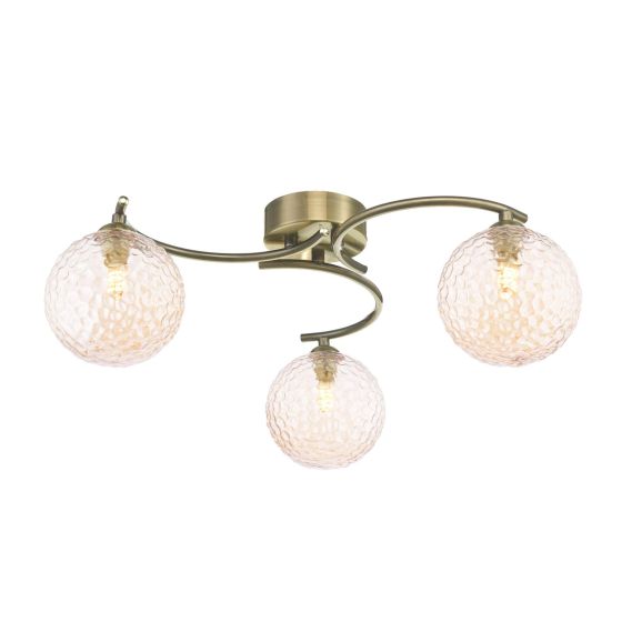Nakita 3 Light Semi Flush Antique Brass With Amber Hammered Glass
