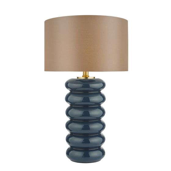Niamh Table Lamp Blue Glass and Aged Bronze With Taupe Drum Shade