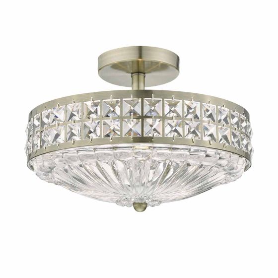 Olona 3L Light Semi Flush Antique Brass Crystal Beads and Glass Diffuser  