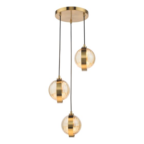 Ophira 3 Light Cluster Pendant Antique Gold and Amber Ribbed Glass