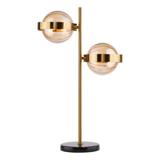 Ophira 2 Light Table Lamp Antique Gold Black Marble and Amber Ribbed Glass