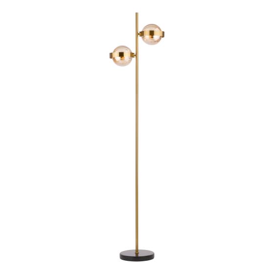 Ophira 2 Light Floor Lamp Antique Gold Black Marble and Amber Ribbed Glass