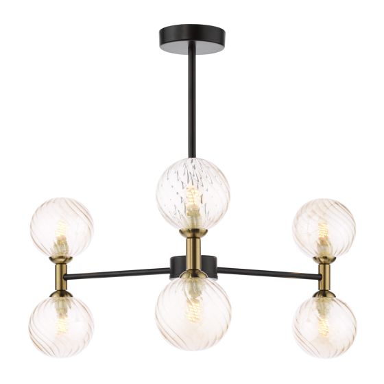 Takara 6 Light Semi-Flush Matt Black and Bronze With Twisted Amber Glass