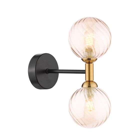 Takara 2 Light Wall Light Matt Black and Bronze With Twisted Amber Glass