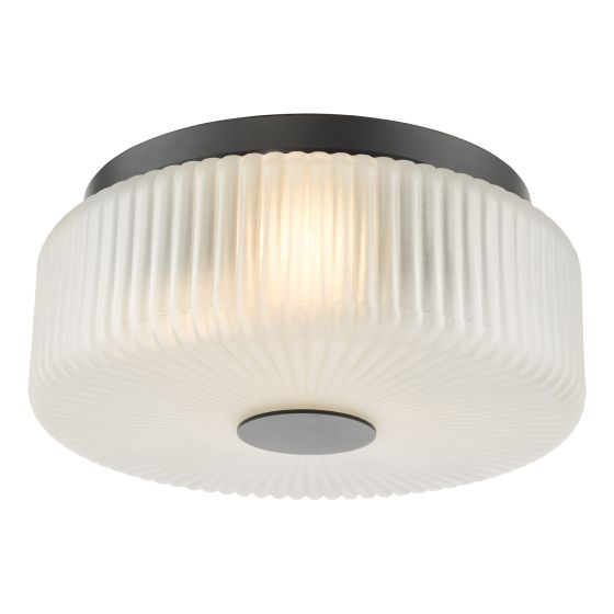 Twyman 3 Light Bathroom Ceiling Light Satin Black and White Ribbed Glass IP44