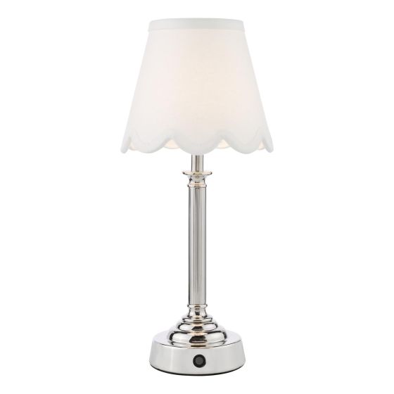 Virgil Rechargeable Table Lamp Polished Nickel With Linen Scalloped Shade LED