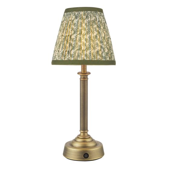 Virgil Rechargeable Table Lamp Matt Antique Brass With Green Leaf Shade LED