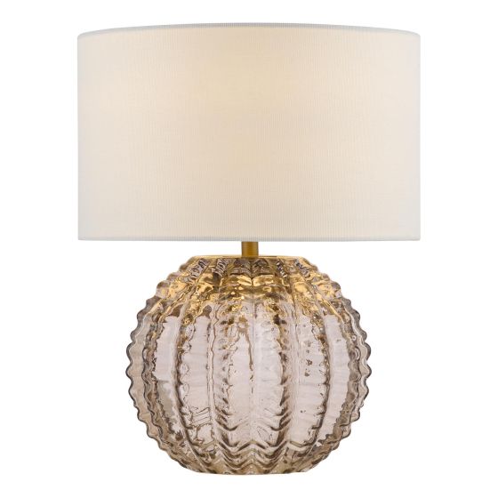 Zorin Table Lamp Tea Glass and Antique Brass With Linen Shade